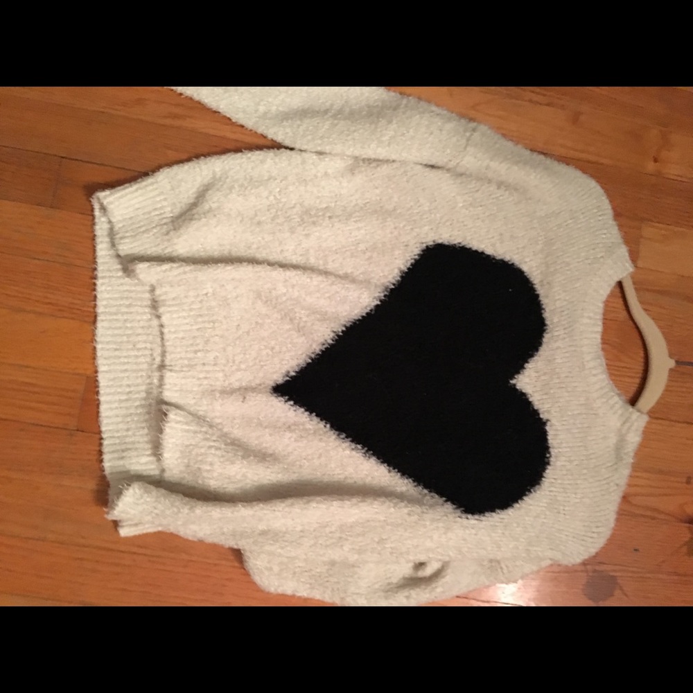 Fuzzy black and white heart sweater